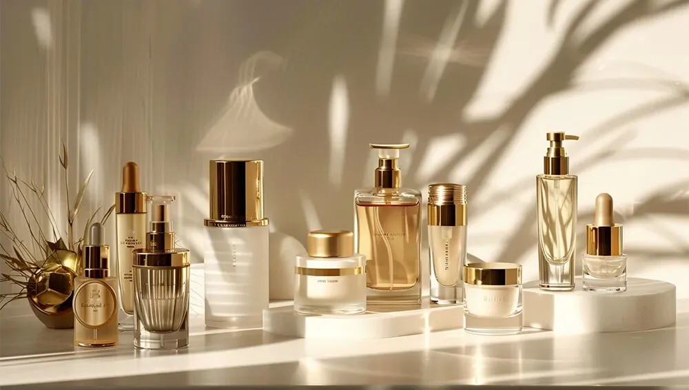 A collection of luxury skincare products with gold accents displayed in a well-lit, minimalist setup with shadowy background.